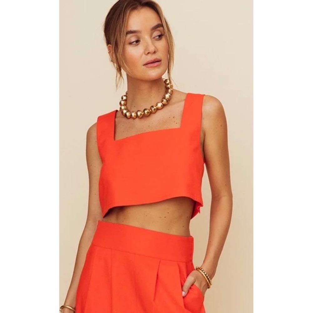 Few Moda Kourt Women Orange Square Neck Linen Blend Crop Top XS NWT